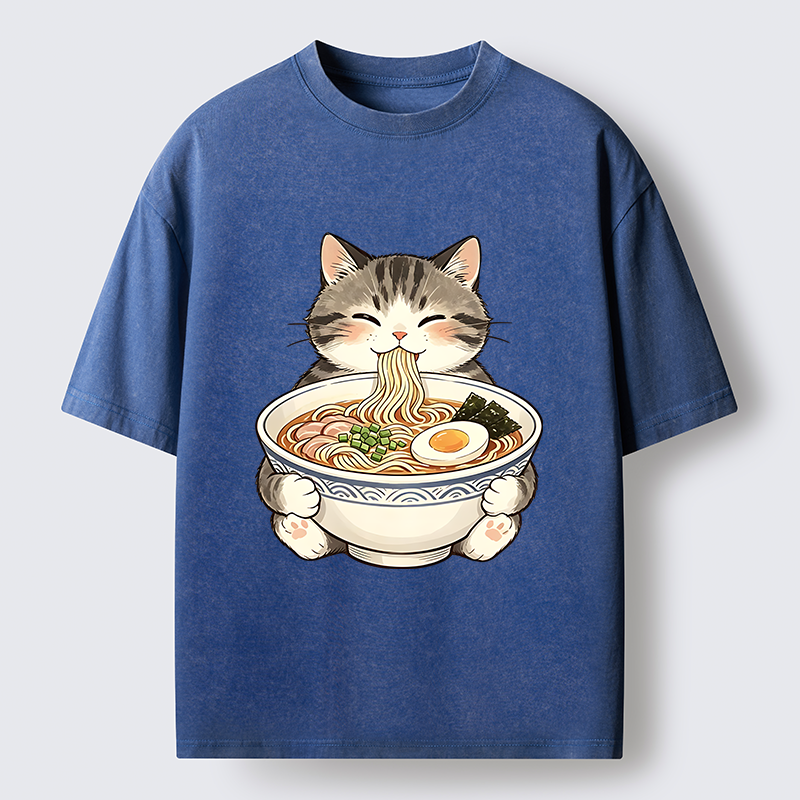 Tokyo‑Tiger Funny Cat Ramen Meme Washed T‑Shirt