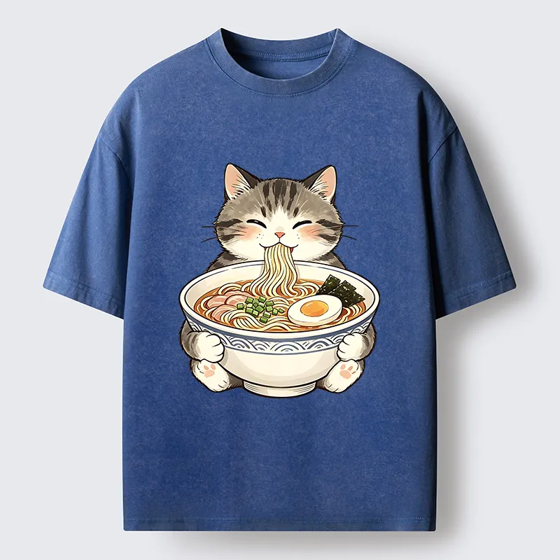 Tokyo‑Tiger Funny Cat Ramen Meme Washed T‑Shirt