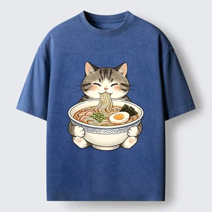Tokyo‑Tiger Funny Cat Ramen Meme Washed T‑Shirt