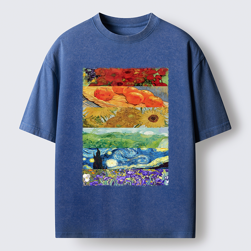 Tokyo‑Tiger Van Gogh Floral Scene Art Washed T‑Shirt