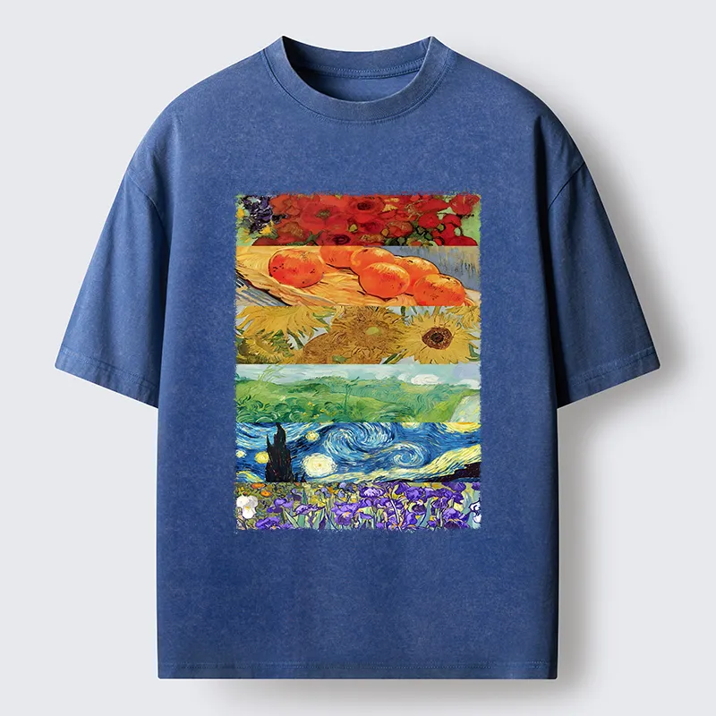 Tokyo‑Tiger Van Gogh Floral Scene Art Washed T‑Shirt
