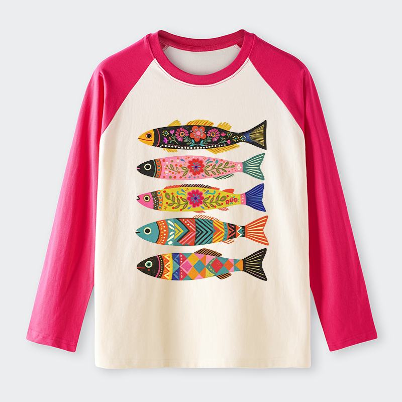 Tokyo-Tiger Colorful Patterned Fish Raglan Long Sleeve T-shirt