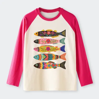 Tokyo-Tiger Colorful Patterned Fish Raglan Long Sleeve T-shirt