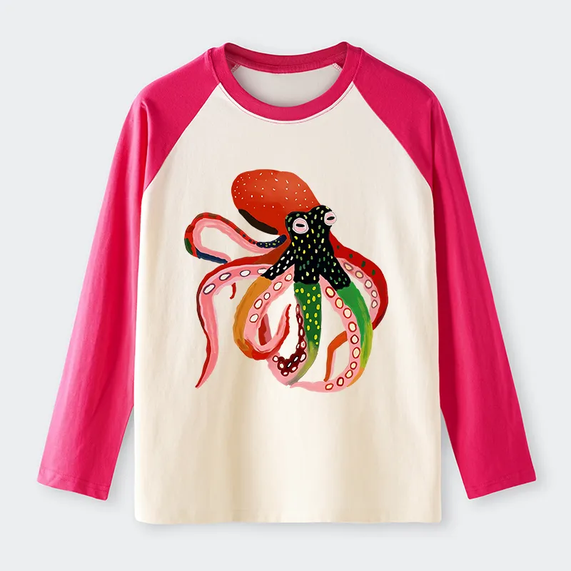 Tokyo-Tiger Colorful Octopus Art Raglan Long Sleeve T-shirt