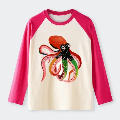 Tokyo-Tiger Colorful Octopus Art Raglan Long Sleeve T-shirt