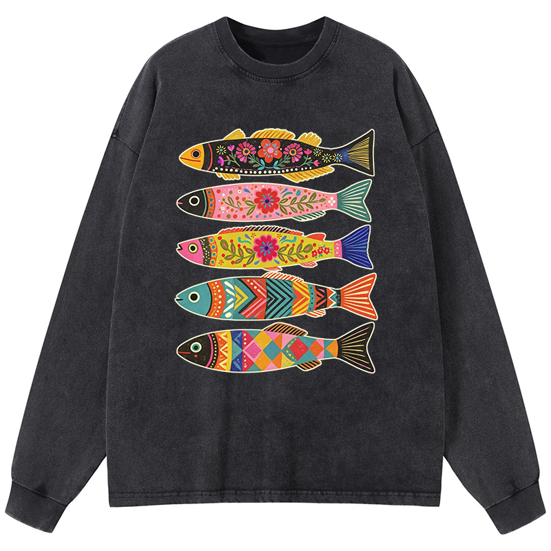 Tokyo-Tiger Colorful Patterned Fish Washed Long Sleeve T-Shirt