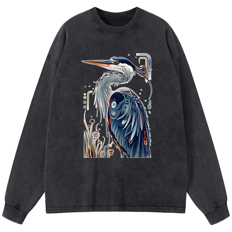 Tokyo-Tiger Stylish Blue Heron Washed Long Sleeve T-Shirt