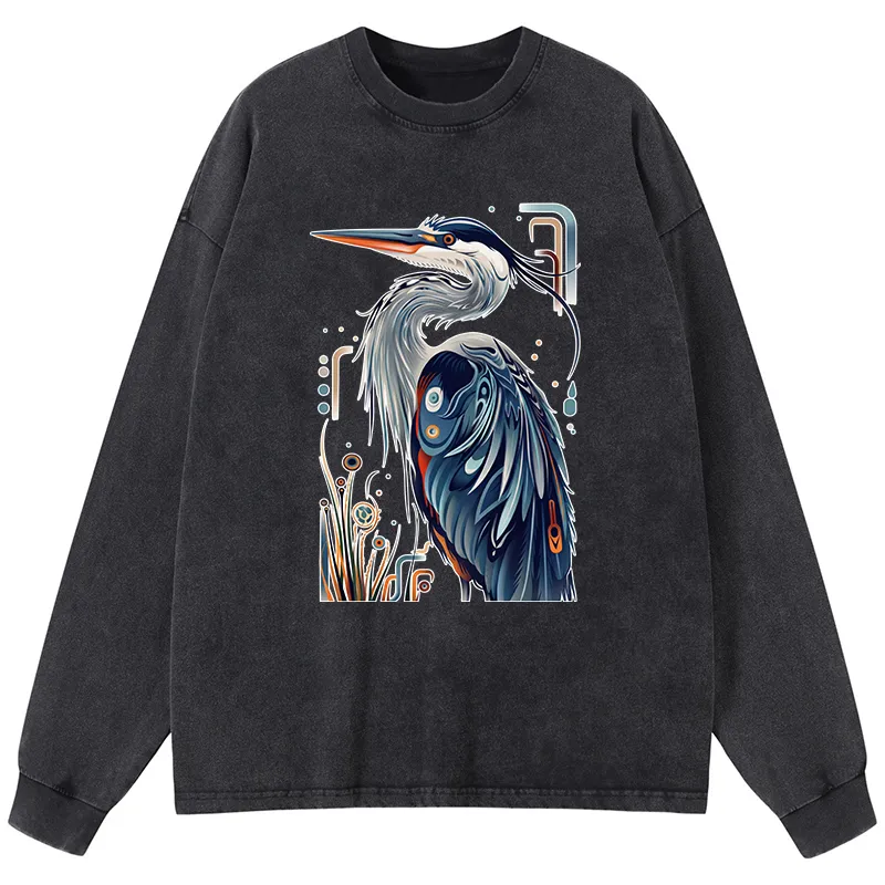 Tokyo-Tiger Stylish Blue Heron Washed Long Sleeve T-Shirt