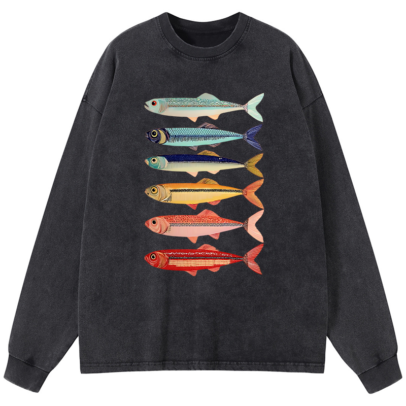 Tokyo-Tiger Colorful Fish Stack Washed Long Sleeve T-Shirt