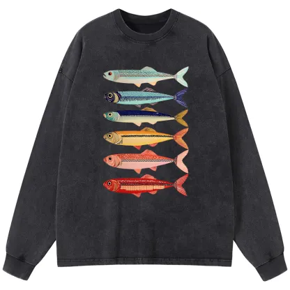 Tokyo-Tiger Colorful Fish Stack Washed Long Sleeve T-Shirt