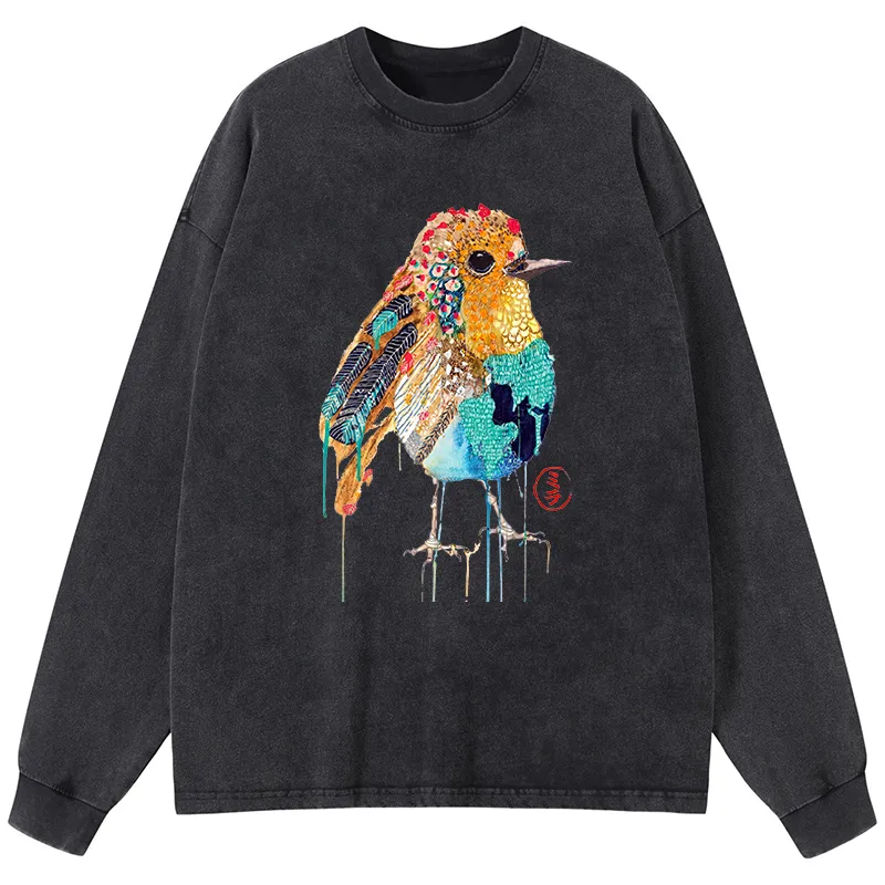 Tokyo-Tiger Sparkly Wild Bird Washed Long Sleeve T-Shirt