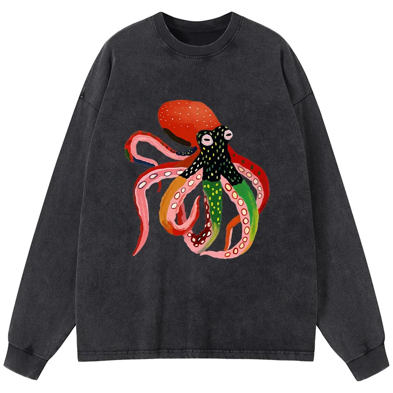 Tokyo-Tiger Colorful Octopus Art Washed Long Sleeve T-Shirt Sale