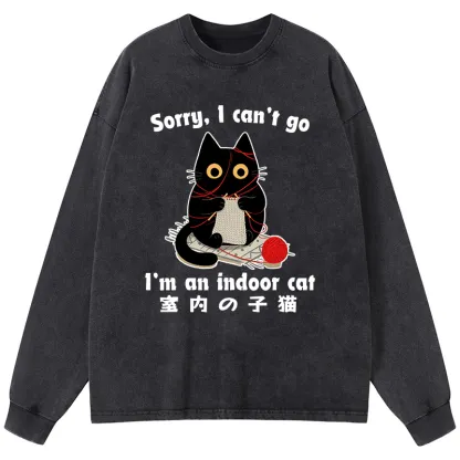 Tokyo-Tiger Indoor Cat Meme Washed Long Sleeve T-Shirt