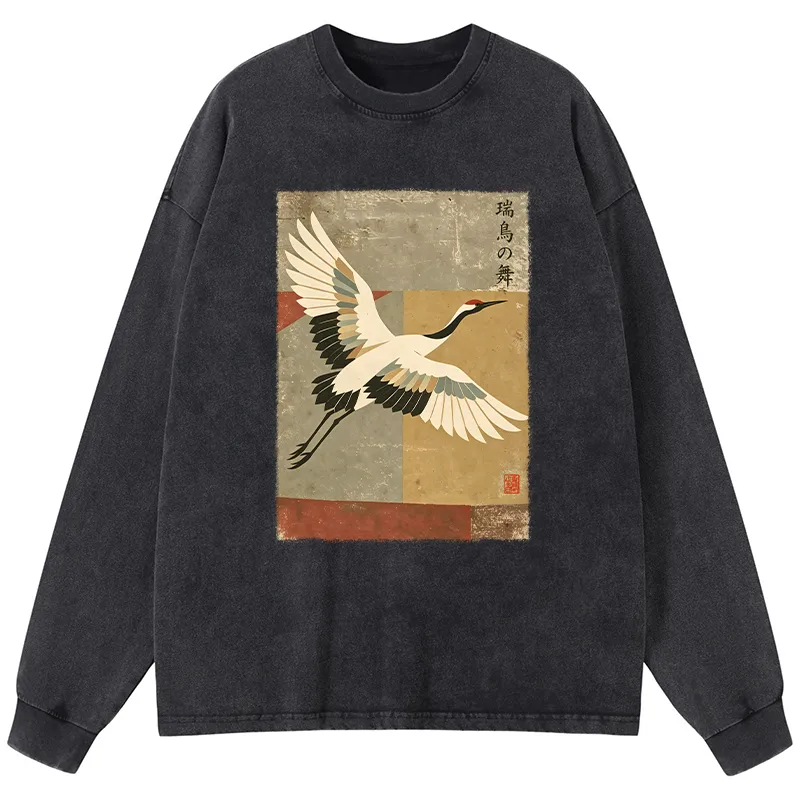Tokyo-Tiger Crane Spirit Washed Long Sleeve T-Shirt
