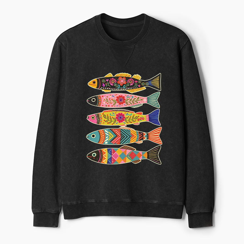 Tokyo-Tiger Colorful Patterned Fish Washed Terry Sweatshirt