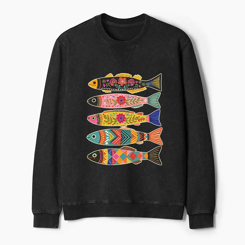 Tokyo-Tiger Colorful Patterned Fish Washed Terry Sweatshirt