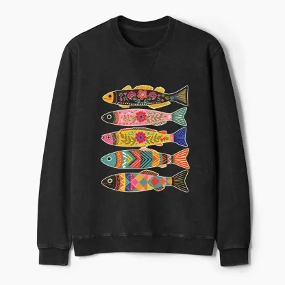 Tokyo-Tiger Colorful Patterned Fish Washed Terry Sweatshirt