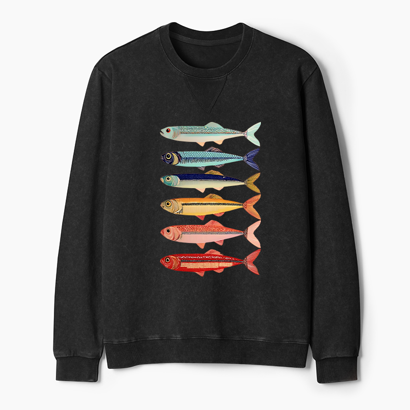 Tokyo-Tiger Colorful Fish Stack Washed Terry Sweatshirt