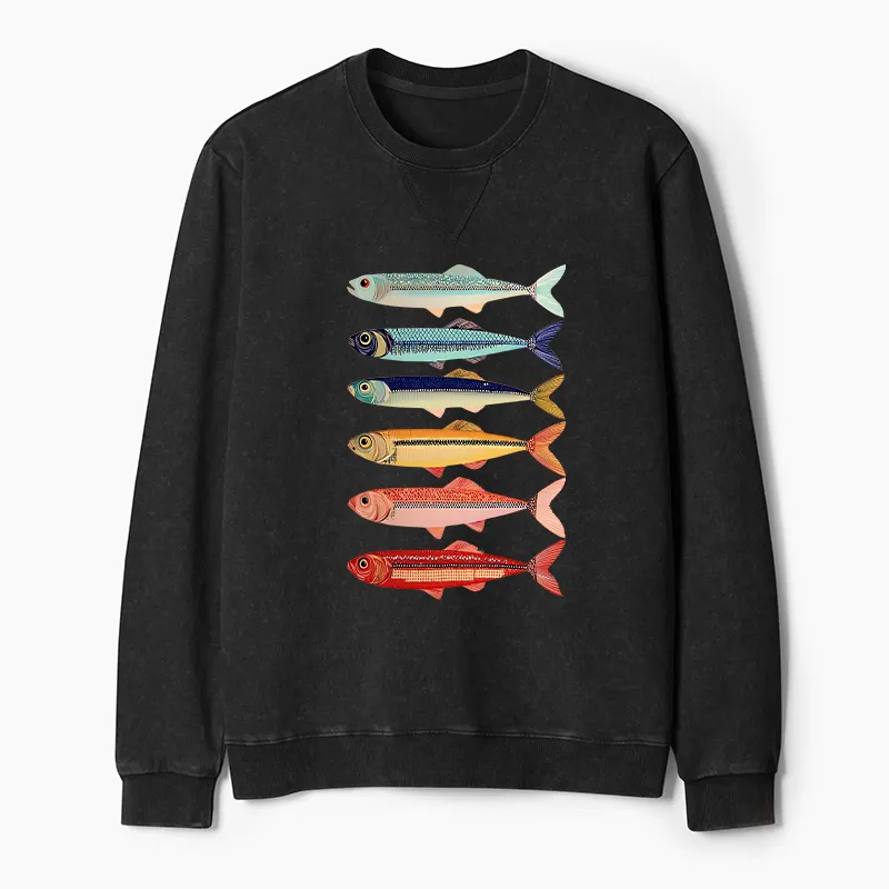 Tokyo-Tiger Colorful Fish Stack Washed Terry Sweatshirt Sale