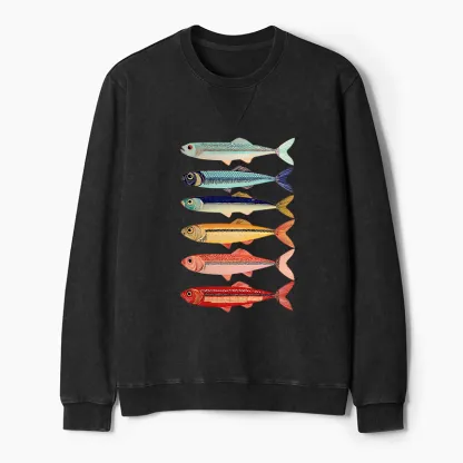 Tokyo-Tiger Colorful Fish Stack Washed Terry Sweatshirt