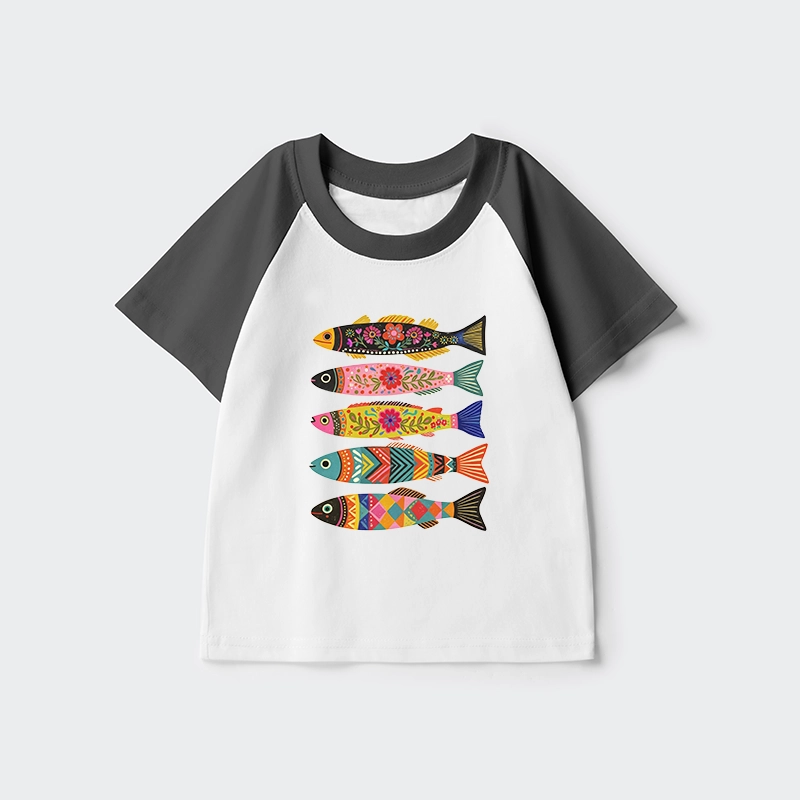 Tokyo-Tiger Colorful Patterned Fish Kids Raglan T-shirt