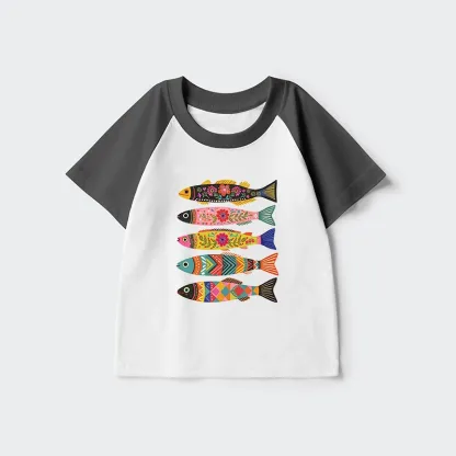 Tokyo-Tiger Colorful Patterned Fish Kids Raglan T-shirt