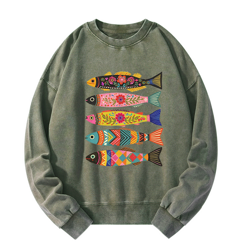 Tokyo-Tiger Colorful Patterned Fish Washed Sweatshirt