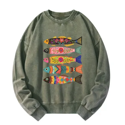 Tokyo-Tiger Colorful Patterned Fish Washed Sweatshirt