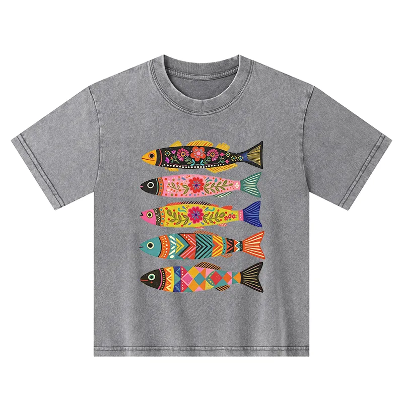 Tokyo-Tiger Colorful Patterned Fish Kids Washed T-Shirt