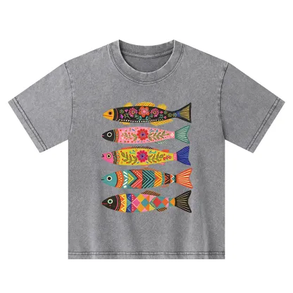 Tokyo-Tiger Colorful Patterned Fish Kids Washed T-Shirt
