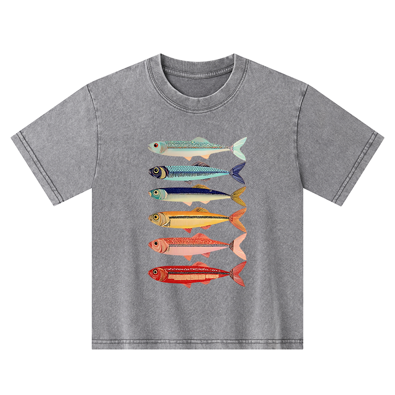 Tokyo-Tiger Colorful Fish Stack Kids Washed T-Shirt