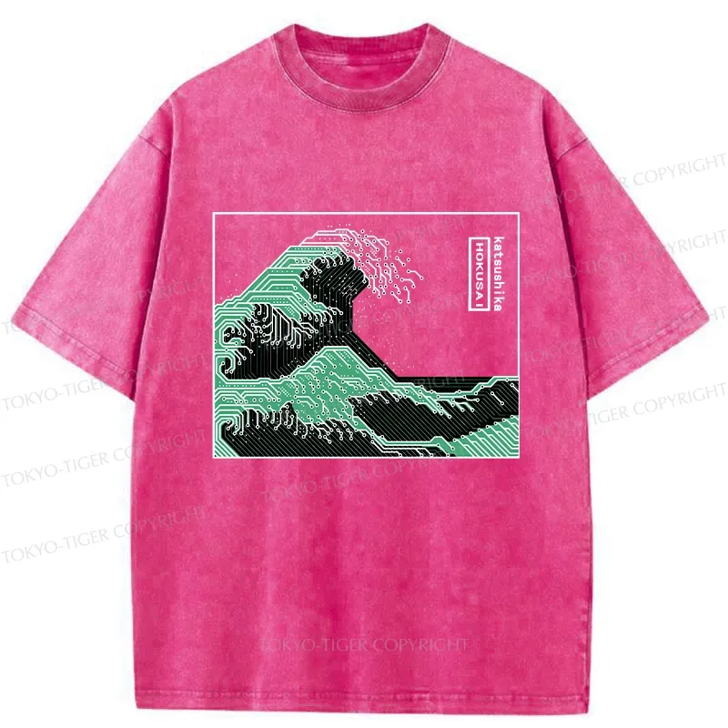 Tokyo-Tiger Wave Of Circuit Board Washed T-Shirt