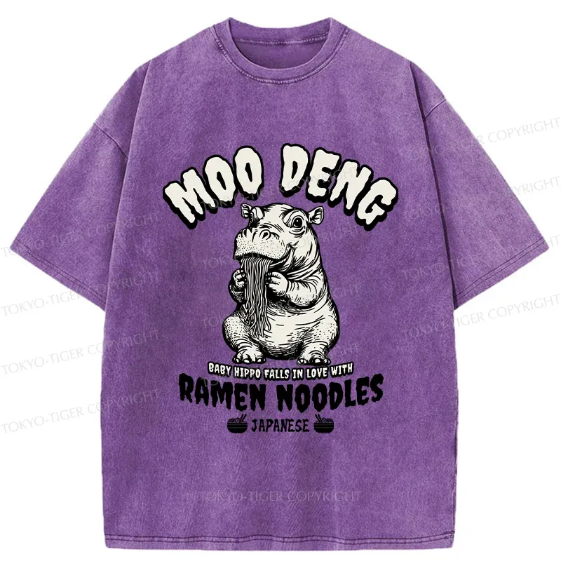 Tokyo-Tiger Moo Deng Eating Ramen Funny Washed T-Shirt