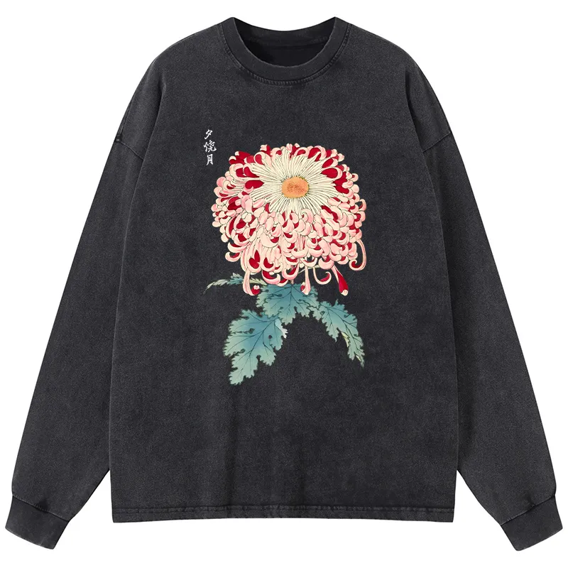 Tokyo-Tiger Vintage Chrysanthemum Art Washed Long Sleeve T-Shirt Sale