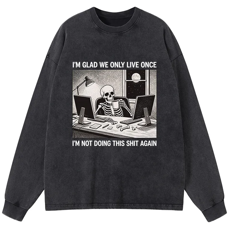 Tokyo-Tiger Funny Skeleton Coffee Break Meme Washed Long Sleeve T-Shirt
