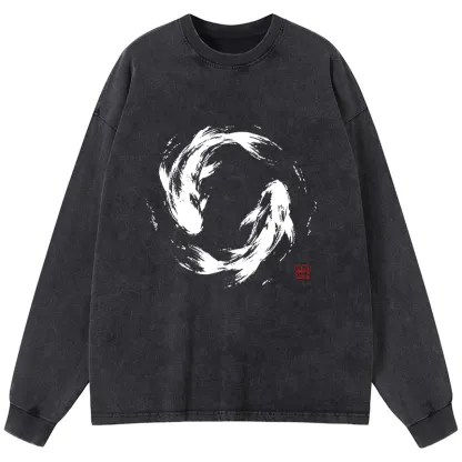 Tokyo-Tiger Ink Koi Fish Circle Washed Long Sleeve T-Shirt