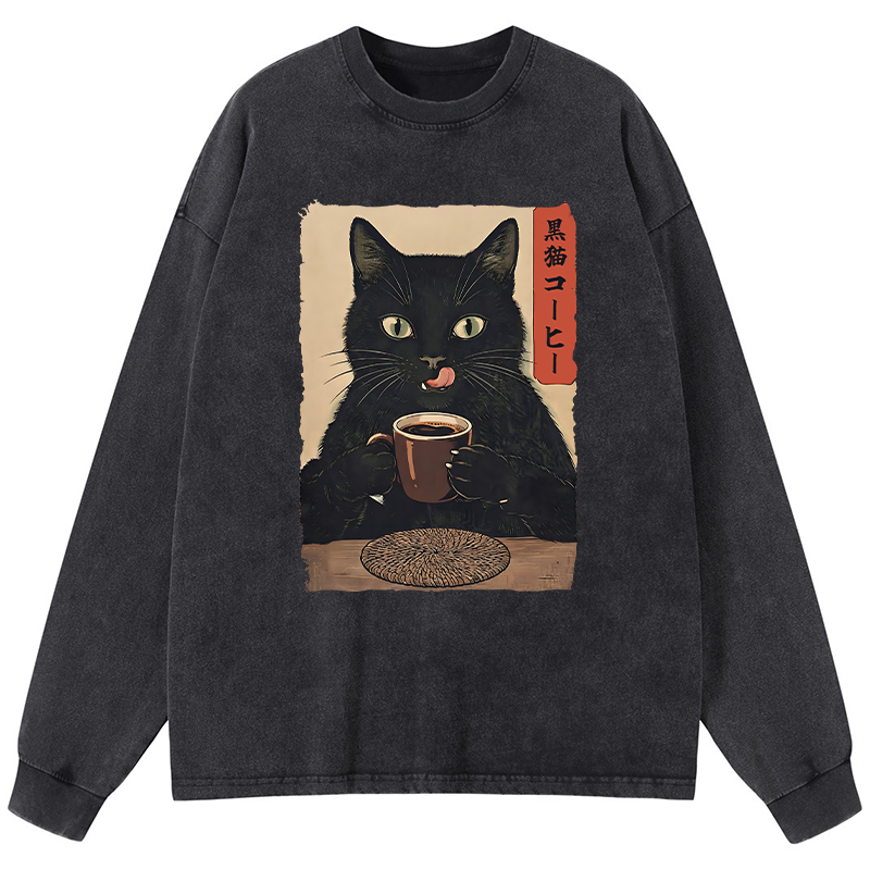 Tokyo-Tiger Vintage Black Cat Coffee Art Washed Long Sleeve T-Shirt