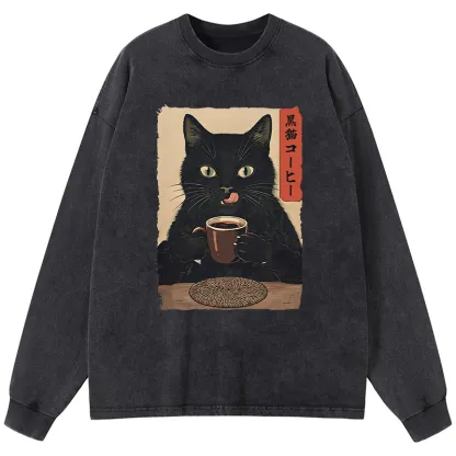 Tokyo-Tiger Vintage Black Cat Coffee Art Washed Long Sleeve T-Shirt