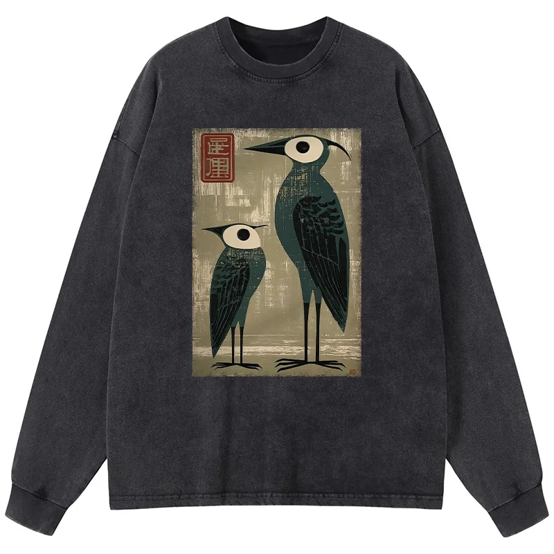 Tokyo-Tiger Retro Two Birds Art Washed Long Sleeve T-Shirt Sale