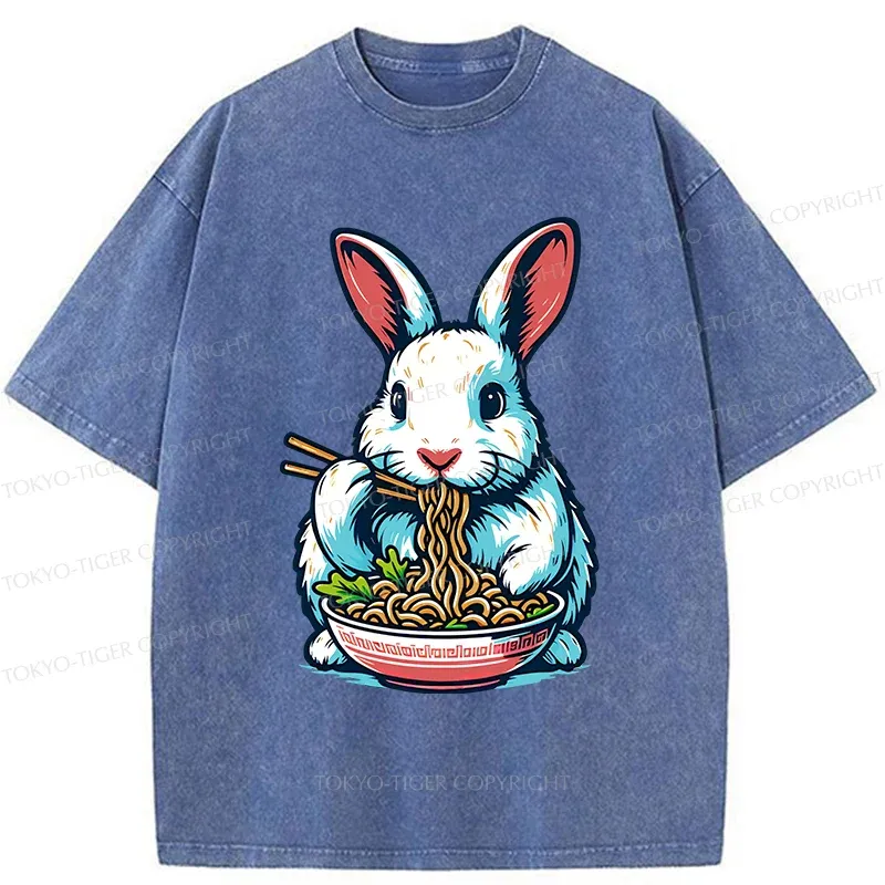 Tokyo-Tiger Easter Bunny Eating Ramen Washed T-Shirt