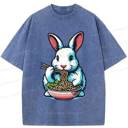 Tokyo-Tiger Easter Bunny Eating Ramen Washed T-Shirt