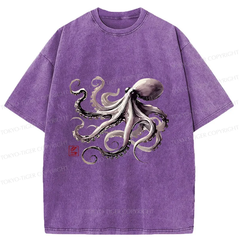 Tokyo-Tiger Retro Japanese Octopus Washed T-Shirt