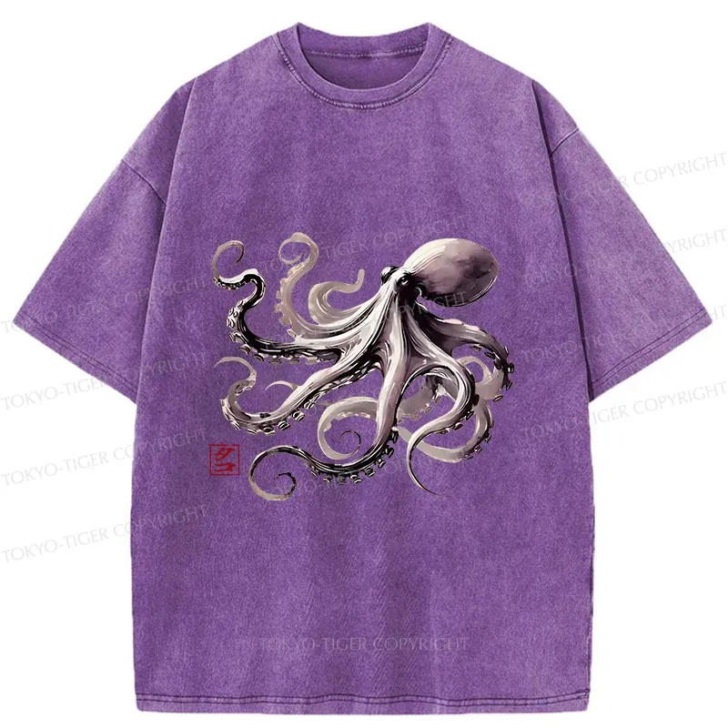 Tokyo-Tiger Retro Japanese Octopus Washed T-Shirt