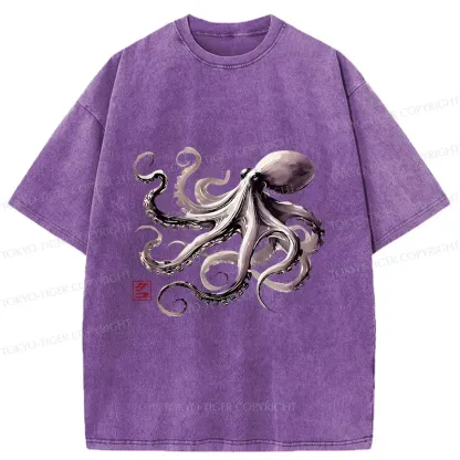 Tokyo-Tiger Retro Japanese Octopus Washed T-Shirt
