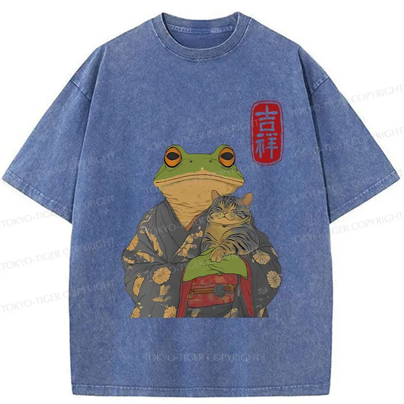 Tokyo-Tiger Frog Hugging Cat Washed T-Shirt