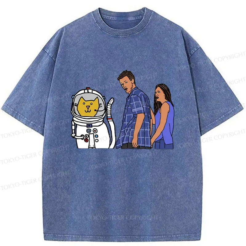 Tokyo-Tiger Funny Astronaut Cat Washed T-Shirt