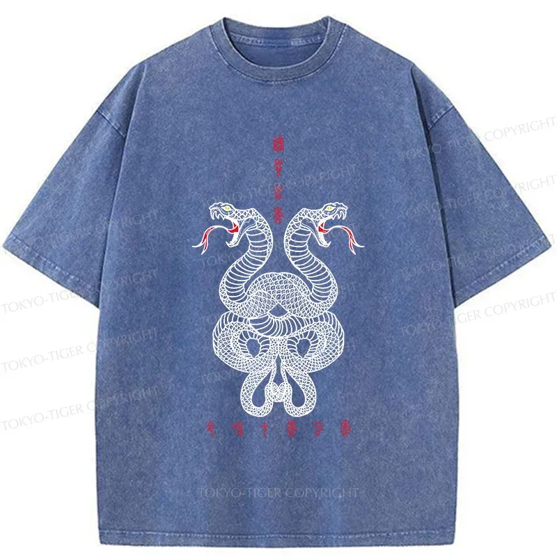 Tokyo-Tiger Double Snakes Encircling Washed T-Shirt