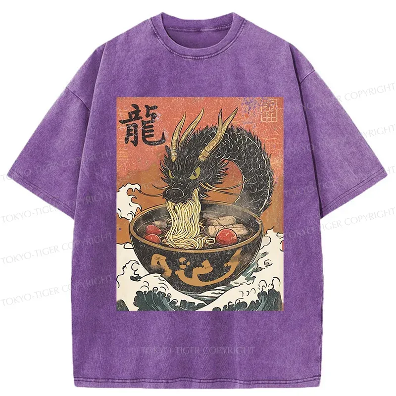 Tokyo-Tiger Dragon Eating Delicious Ramen Washed T-Shirt