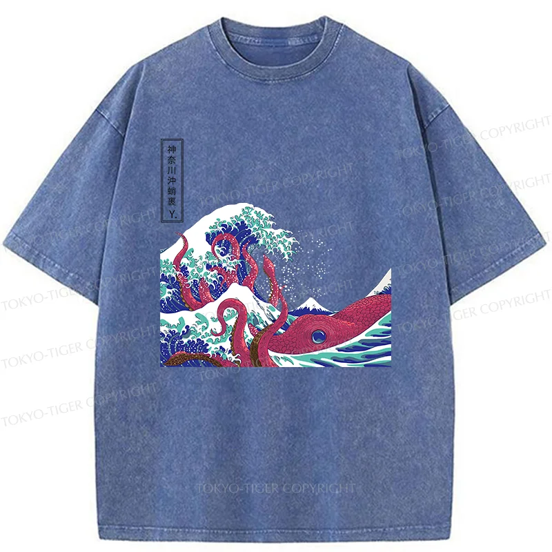 Tokyo-Tiger Octopus And Waves Washed T-Shirt