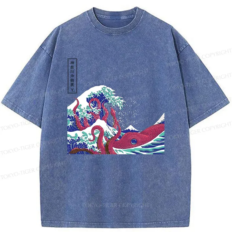 Tokyo-Tiger Octopus And Waves Washed T-Shirt